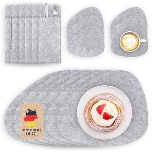 Intirilife 6X Filzunterleger Set Grau – Platzsets & Tischdeckchen aus Filz, Gläseruntersetzer, Bestecktasche, Tischunterlage Tischschutz für Restaurant, Küche, Esstisch & Zuhause, 18 teilig