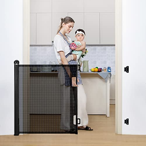 COMOMY Treppenschutzgitter Ausziehbar 0-140cm, Türschutzgitter Rollo für Baby, Katzen und Hunde, Einhändige Bedienung, Platz Sparen, Kinder Türgitter für Treppen/Türen/Außen, Schwarz