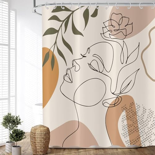 ASDCXZ Boho Duschvorhang Beige 180x200 cm, Modern Abstrakt Kunst Mädchen mit Gesicht Blume Grün Blätter Waschbar Duschvorhang Polyester Textil Wasserdicht Duschvorhänge für Badewanne mit 12 Haken