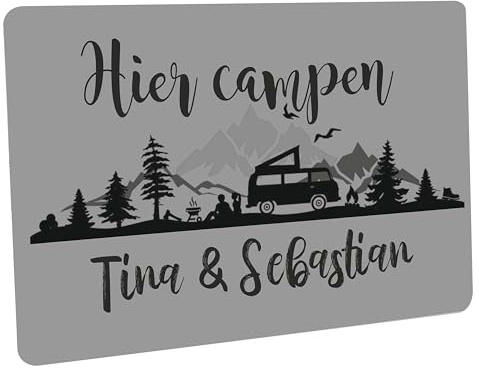 Crealuxe Fussmatte mit Wunschtext/Wunschname 'Hier Campen - Grauer Hintergrund' 60x40 cm - Gummi Rückseite/rutschfest - Filzoberfläche - Bedruckte Türmatte - Innenmatte