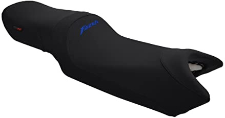 Moto Discovery Funda de Asiento Compatible con Yamaha FZ6 Fazer 600 2004-2009 Color Negro con Costuras Negras y Logo Azul