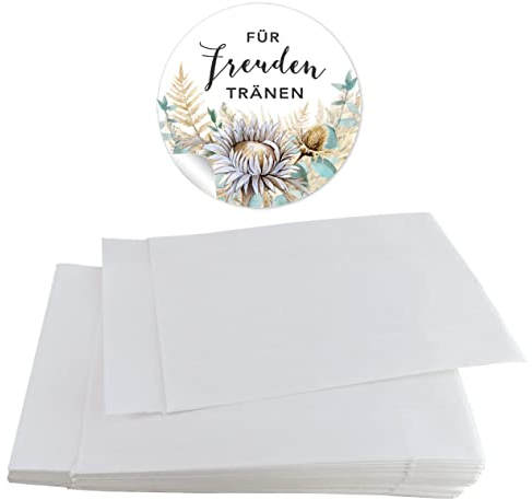 Set Freudentränen Eukalyptus Trockenblumen Hochzeit 48 Sticker Aufkleber + 48 Flachbeutel 63 x 93 mm für Taschentücher Verpackung (Tüten + Sticker Eukalyptus Trockenblume weiß grün)