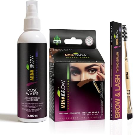 Minaibrow Tint Medium Brown| Langlebiges natürliches Fleckenfarb- und Farb-Kit Pulver mit Rosenwasser und Duo Winkelbürste, wasser- und wischfest | Instant Brow Dye Kit, kein Ammoniak, kein Blei mit