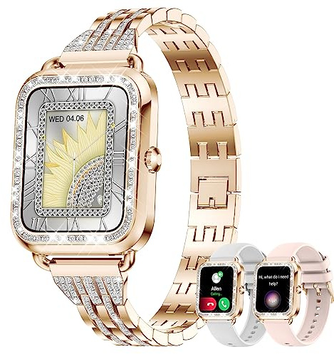 fitonyo Smartwatch Damen mit Telefonfunktion Diamant,1.29 Touch-Farbdisplay,Smart Watch Damenuhr Rosegold 110+ Sportmodi,Musik,Smartwatches für Damen,3 Band (Diamant-Roségold)
