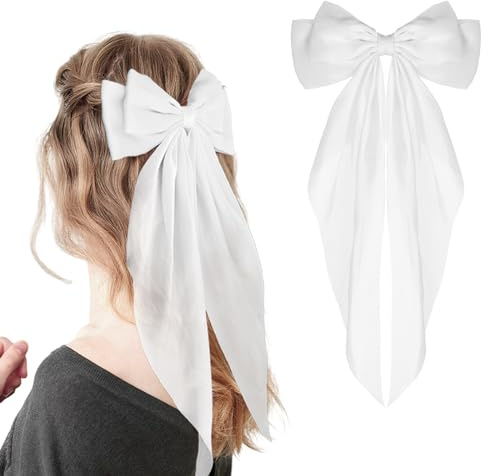 WLLHYF Big Bow Hair Clips Satin Silky Bow Barrettes Long Tail French Hair Bows Metal Hairs Pins Bowknot Hairs Clamps Accessories for Women Girls Wedding Birthday Christmas Party (White)