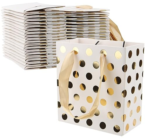 CHUEHKAK 20 Stück Geschenktüten Klein, Geschenktüte Hochzeit Papiertüten mit Henkel Tüten, Wiederverwendbaren Mitgebsel Tüten, Papiertaschen Geschenktasche mit Band für Geburtstag Hochzeit, Weiß Gold