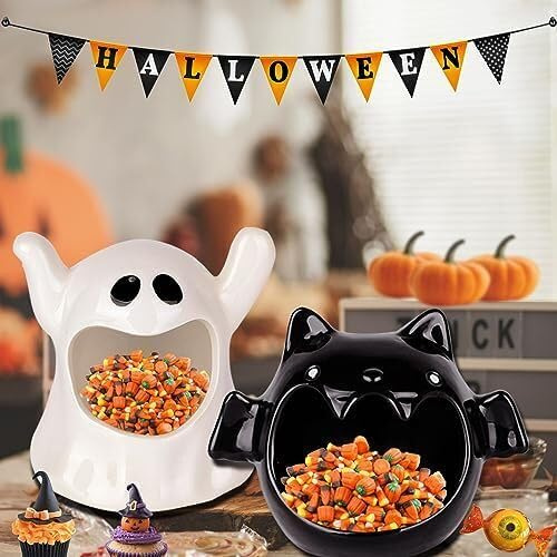 2 Stück Süßigkeiten Schalen, Halloween Candy Dish Kerzenhalter, Fledermaus Geist Keramik Schale, Party Dekorationen