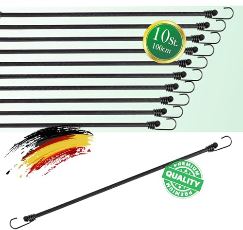 Jagano® Set di 10 elastici con ganci, 100 cm, elastici in gomma per bicicletta, teloni, rimorchi, trasloci, campeggio e attività all'aperto, colore nero, stabili e resistenti alle intemperie