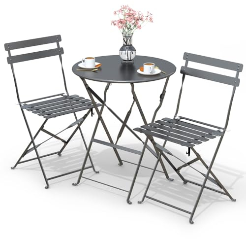 vounot® Set de Bistro Ensemble de Mobilier d'Extérieur de 3 pièces avec Table et 2 Chaises Pliantes en Acier pour Balcon Terrasse et Jardin Gris