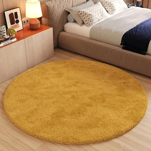 TAPISO Essence Alfombra Redonda Shaggy Pelo Largo Moderna Amarillo Mostaza Monocolor Alfombra Salón Dormitorio Adulto Niño Cama Escritorio Suave Super Suave Grueso Oeko-Tex 160 x 160 cm
