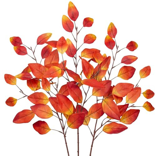 3 STÜCKE Künstliche Eukalyptus Vorbauten Herbst Blätter Orange Rot Gefälschte Eukalyptus Blatt Vorbauten für Haus Badezimmer Dekor