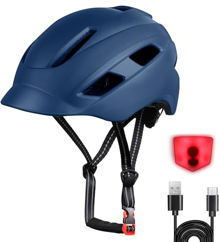 Bike Helmet, Adjustable Cycling Helmet with USB Rechargeable LED Light, Lightweight Bicycle Helmets for Adults, Breathable Mountain & Road Cycle Helmet for Men Women Fit Head Size 58-62cm