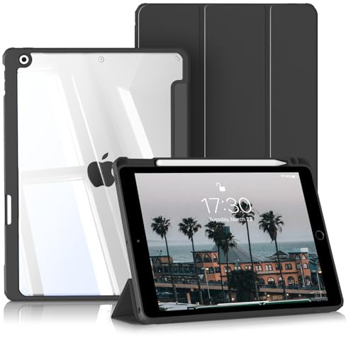 BQDIYOO iPad Hülle 9./8./7. Generation Mit Stifthalter, Harte Klare Schutzhülle (2021/2020/2019 10,2 Zoll), Auto Schlafen/Wache, Schwarz