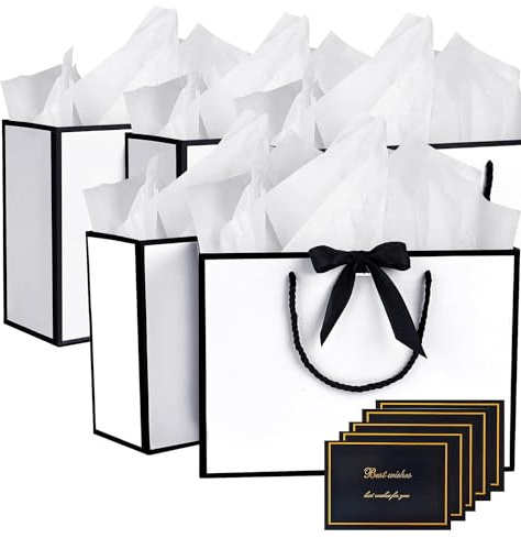 Sacchetti Regalo con Fiocco, 5 Pezzi Carta con Nastri + 5 Adesivi + 5 Buste, con Manici per Feste, Borsa con Fondo Incrociato, per Compleanno e Nozze (5-White-BlackEdge)
