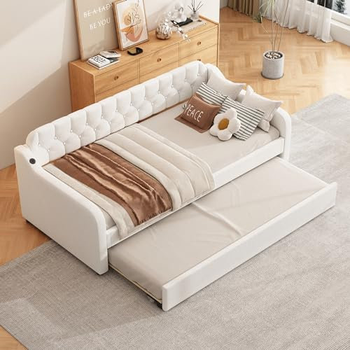 Lexiou Sofá cama de 90 x 200 cm, cama de día con cama nido extraíble, puerto USB (beige)