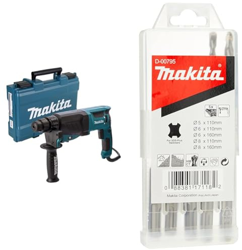 Perforateur burineur SDS+ 800 W 26 mm en coffret - MAKITA HR2630 & D-00795 Set 5 forets pour maçonnerie Sds-Plus Standmak 5X110, 6X110, 6X160, 8X110, 8X160 Mm