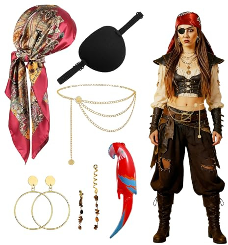 23GUANYI Kopftuch Pirat Damen, Pirate Faschingskostüme Damen, Piratenkostüm mit Piraten Kopftuch Cache Oeil Boucle d'Oreille Cheveux Perroquet Gonflable, Piratin Karneval Kostüm pour Carnaval Fête