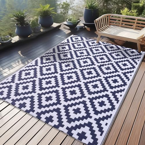 Homaxy Outdoor Teppich Wetterfest, Kunststoff Stroh UV-beständig Wendbar Faltbar Waschbar Balkon Garten Teppich für Terrasse Camping Picknick (120 x 180 cm, Marine Blau & Weiß)