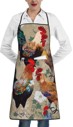Tablier de cuisine imprimé coq et poulet avec poche, imperméable et réglable, tablier de jardinage pour chef homme femme, blanc, taille unique