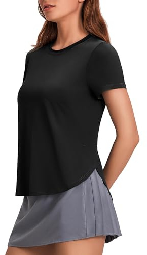 PINSPARK sportskjorta dam kortärmad sport t-shirt UPF 50+ solskydd skjorta andningsbar löpning skjorta rund hals yoga topp sida delad funktionell skjorta vardaglig fitness sport toppar, Svart, L