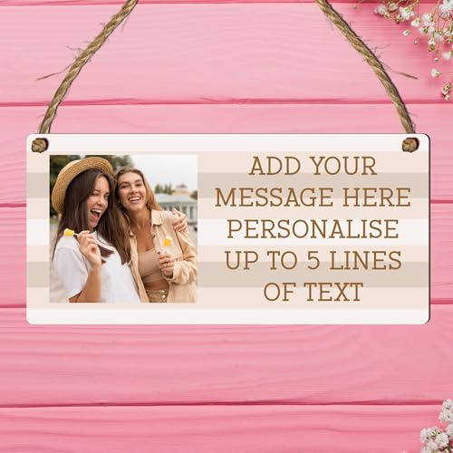 Personalised Photo & Message Customisable Plaque – Add Up to 5 Lines of Text Perfect for Birthdays, Anniversaries, Memorials (Beige Stripes, Mdf Wood Indoor Use Only)