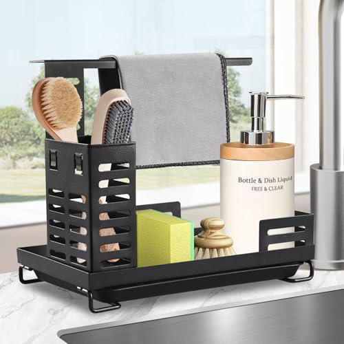 CHWNIBAY Spülbecken Organizer Küche,Küchen Spüle Organizer,Spülorganizer Edelstahl,Schwammhalter mit Abflusspfanne,Höhenverstellbarem Spüllappenhalter,Eignet sich für Küche und Bad,Montierleicht