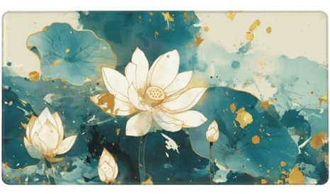 Gaming Mauspad XXL,900 x 400 x 3mm Mousepad Verlängertes Groß Mauspad Schreibtischauflage,Genähte Kanten Rutschfeste Gummibasis,Verbessert Präzision und Geschwindigkeit Home Office Weißer Lotus L-1865