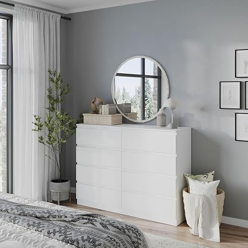 URBNLIVING Modern White Wooden Chest with 8 Drawers for Bedroom or Office Storage Versatile Bedside Table and Stylish Cabinet for Organizing Clothes Accessories Work Place Supplies and Personal Items