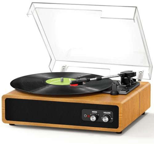 FYDEE Record Player, Dual-Way Bluetooth Vinyl Player Driven by Belt 3 Speed, Vinyl Record Player with Built-In 2 Stereo Speakers, Portable Retro Turntable Supports RCA Output, AUX Input - Light Wood