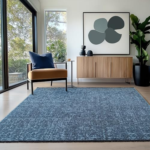 HomebyHome Baumwolle Teppich Blau 120x170 cm - Waschbar, Boho-Stil, Vintage Kelim, Kurzflor, rutschfest & Weich, Einfarbig Meliert, Für Wohnzimmer, Schlafzimmer, Büro & Küche