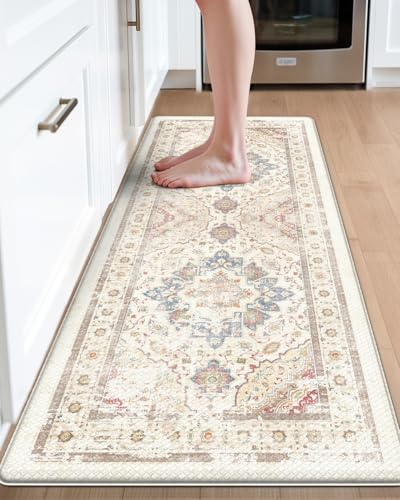 DEXI Tappetini da cucina per pavimento, 58 x 140 cm, extra large, antiscivolo, impermeabili, morbidi, comodi, imbottiti, anti-affaticamento, decorativi, beige chiaro