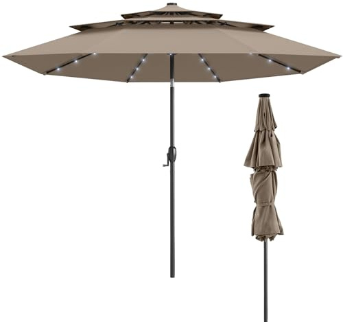 KOMFOTTEU Ombrellone da Giardino con 32 Luci LED, Pannelli Solari e Manovella, Ombrellone Parasole da Patio 313cm Inclinabile con 8 Osse, per Balcone, Spiaggia, Piscina, Base Non Inclusa (Marrone)