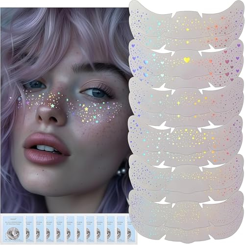 AuraFusion Festival Glitzer Gesicht – 12 Freckle Tattoos with Removal Wipes, Temporary Glitter Freckles for Parties, Celebrations, Skin-friendly and Waterproof