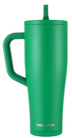 Ice Shaker 40 oz Tumbler with Handle and Straw | 40oz Green | Cold for 30+ Hours | 2-in-1 Tumbler Shaker Bottle | Odor-Free 40 ounce Bottle for Water, Protein Shakes, Smoothies, Cocktails