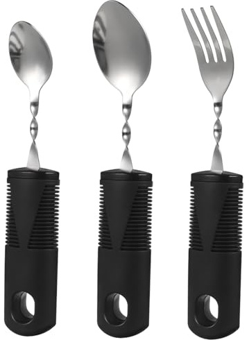 Couverts Adaptés Anti-tremblement 3 Pièces en Acier Inoxydable | Manche Caoutchouc Plastique Noir, Fourchette et Cuillère Pliables, Aide Repas pour Adultes Âgés