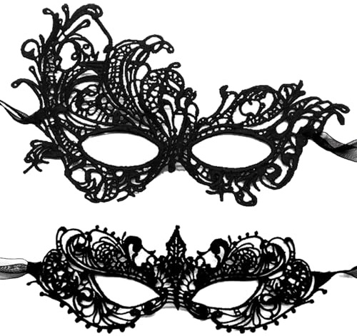 MZinge 2 Pcs Luxury Venetian Carnival Masks - Sexy Black Lace Half-Face Masks for Women's Masquerade Ball Fancy Dress