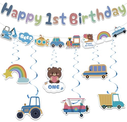 Tasoraor Auto Deko 1. Geburtstag Girlande - 1 Geburtstagsdeko Happy Birthday Banner und Hängende Wirbel, Safari Party Dekorationen für 1 Jahre Jungen Kindergeburtstag