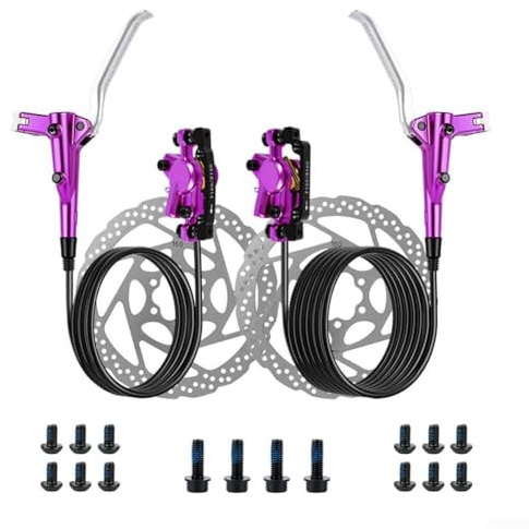Honseadek Kit de frein à disque hydraulique 2 pistons pour VTT, tuyau avant 800 mm et arrière 1400 mm, compatible avec cadre VTT, alliage d'aluminium Cali(violet)