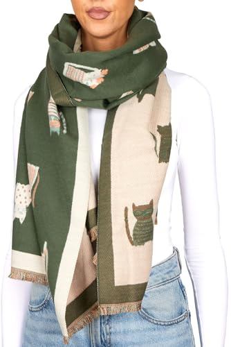BRUBAKER Cashmirillo Damen Schal mit Katzen Muster - 70 x 200 cm | Warm, Kuschelig und Oversized - Winterschal für Herbst und Winter - Herbstschal - Weiches Kaschmir-Gefühl