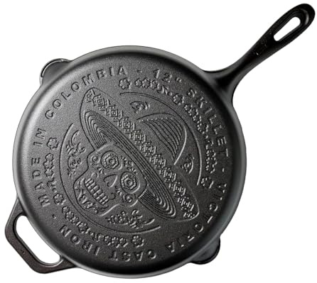 VICTORIA Sartén Hierro Fundido Esmaltado 30cm, Day of the Dead La Calaca, Apta Barbacoa, Horno, Inducción, Gas, Cast Iron Skillet, Antiadherente Libre de Tóxicos sin PFOA