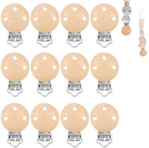 Schnuller Clip,12 Stück Schnullerclip Holz,Baby Schnullerketten Clips,Verhindert das Fallenlassen oder Verlieren des Schnullers Schnullerketten Zubehör für DIY Schnullerkette Basteln