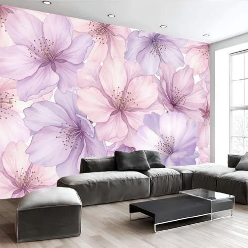 Carta Da Parati Fiori Di Ciliegio Ad Acquerello Romantici 200X140Cm, Fotomurali Botanico Viola Chiaro Decorazioni Parete, Fotografica Murale Carta Da Parati Per Camera Letto Soggiorno Tv Sfondo