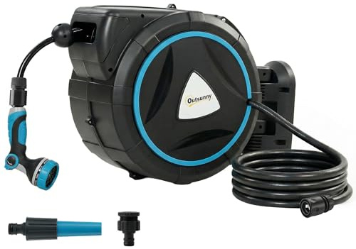 Outsunny Avvolgitubo per irrigazione a parete, automatico, 23 + 2 m, avvolgitubo automatico, pistola per irrigazione, 10 + 2 modalità, soluzione di irrigazione retrattile e flessibile per giardino