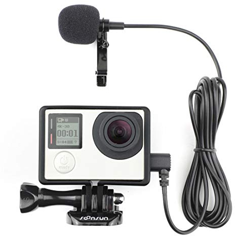 SOONSUN Frame Mount Housing with External Microphone for GoPro Hero 4/3+/3 | 6.6ft Mini USB Clip-On Lavalier Mic Kit, Ultra-Large Side Opening for Direct Charging, HDMI Live Feed and Memory Card Access