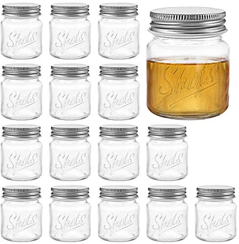 Lawei Set of 16 Mini Mason Jars - 60ml Ginger Shot Glasses Mouth Mason Jar with Lids Ideal Herbs and Spices Storage Glass Canning Jar for Drinks Jam Honey Favors Dessert