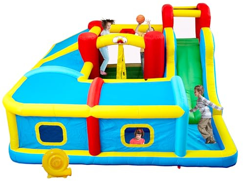 WELLFUNTIME Inflatable Bounce House with Slide, Bouncy Castle & Jumping Castle with Blower and Wave Pool, Basketball Rim, Long Tunnel