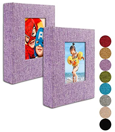 GPIRAL Small Photo Album 5x7 – 2 Pack, Each 26 Clear Pages Hold 52 Pictures. Album for 5x7 Pictures, Artwork, Drawings, Linen Cover with Front Window, Lilac Purple Fabric