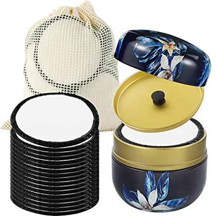 Reusable Face Makeup Remover Pads 16pcs 100% Organic Cotton Pads Cleaning Face Wipes Cloth Washable Face Round Cotton with Laundry Net Bag and Fashionable Metal Box Suit for Adults and Kids