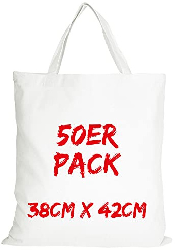 TEXXILLA Baumwolltasche - 50er Pack | Weiß | mit Zwei kurzen Henkeln | 38x42cm | Jutebeutel | Einkaufstasche | unbedruckt