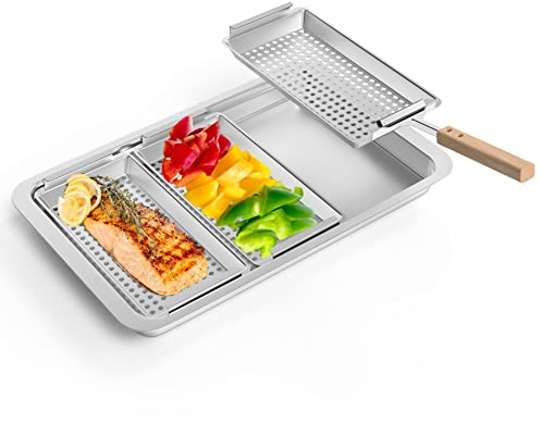 WELL GRILL 3 in 1 Edelstahl Grillkorb Gasgrill Zubehör für Veggie, Fisch, Fleisch und Gemüse, Universell Grillschalen Grillpfanne für Weber, Char-Broil, Brinkmann, Uniflame und Holzkohle Grills